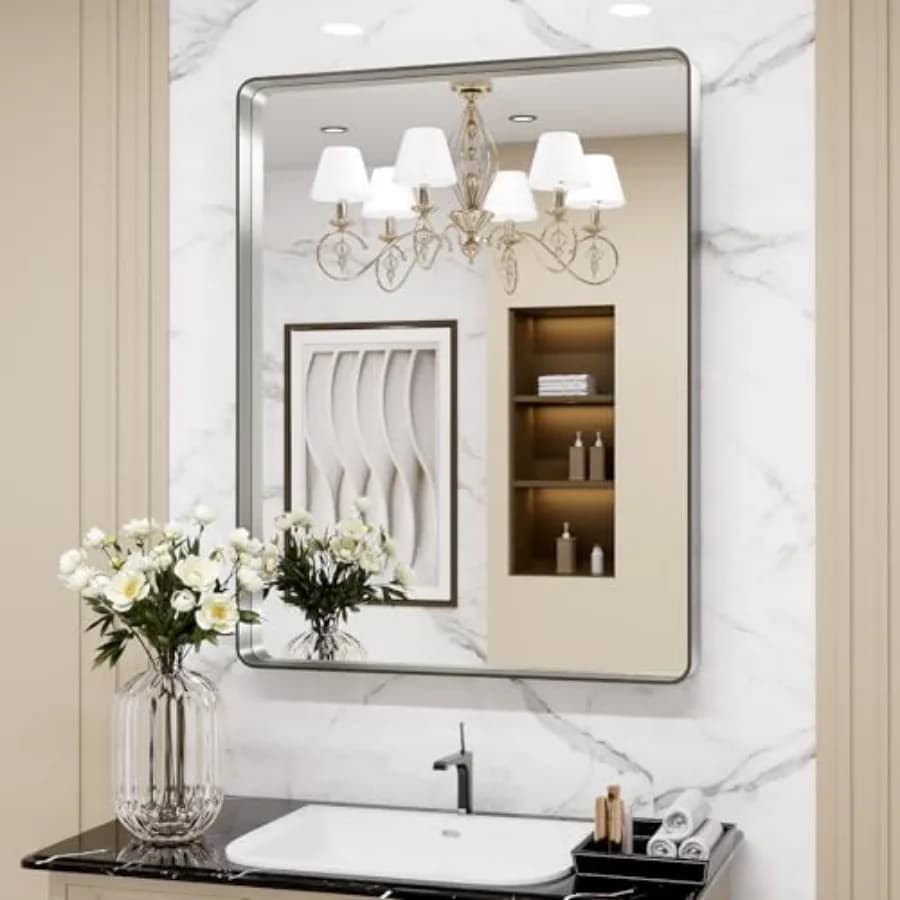 Specchio da Bagno 20X30 Pollici, Cornice in Metallo Argento Rettangolare Arrotondata, Antiruggine, Infrangibile, Appendibile Orizzontalmente o Verticalmente