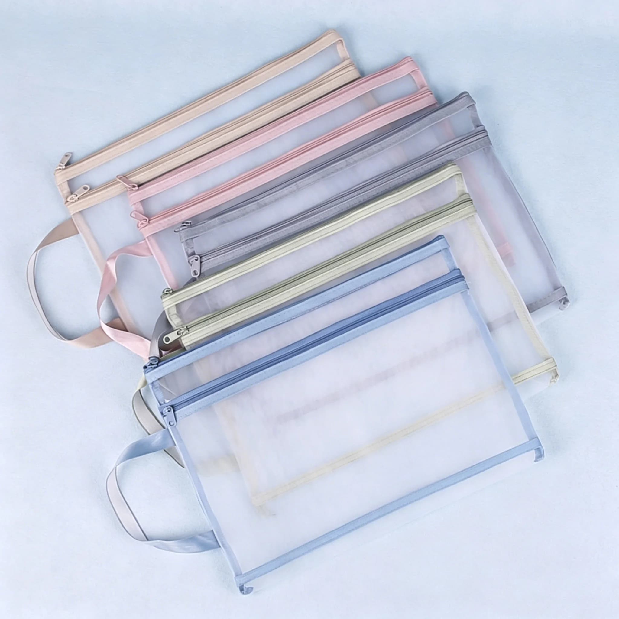 Large Capacity Mesh Bag Double Layer Transparent Handheld File Organizer for Exam Papers Documents Storage with Zipper