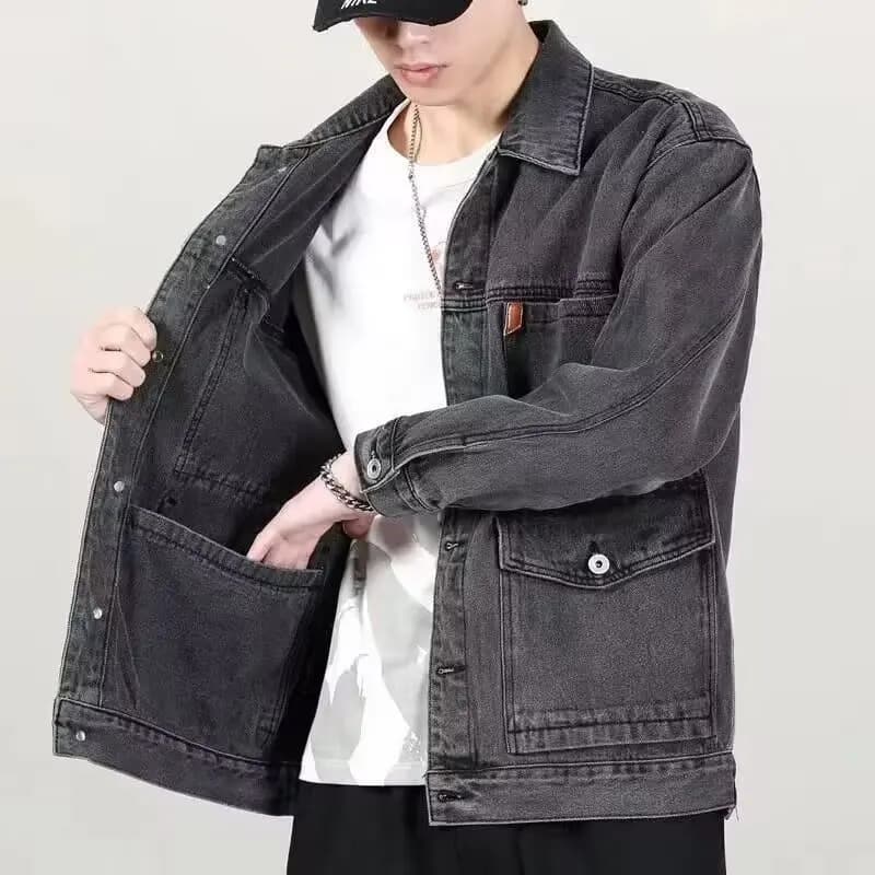 UNITIM Loose Men Denim Jacket Spring Autumn Outdoor Workwear Long Sleeve Single Button Jacket Multi-Pocket Classic Casual Coat