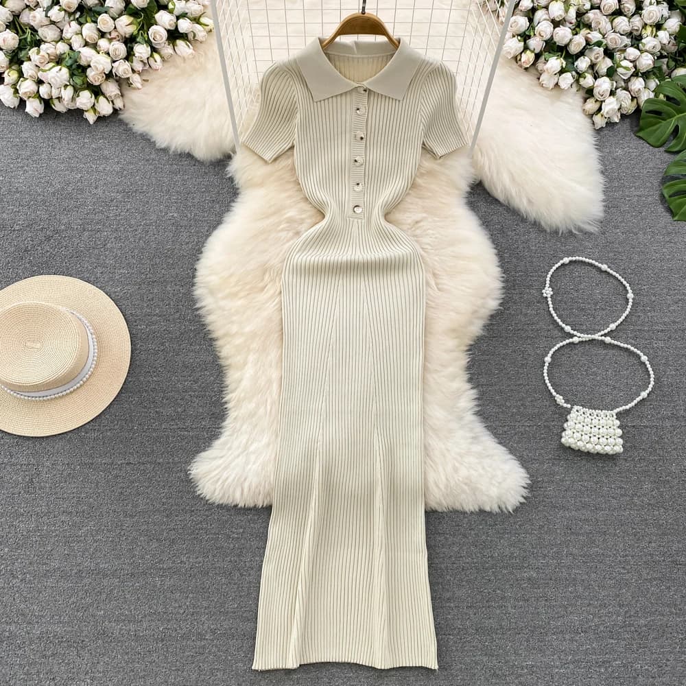 REALEFT Summer 2026 New Women's Polo Knitted Long Dresses Solid Elegant Short Sleeve Buttons Bodycon Wrap Dress Female