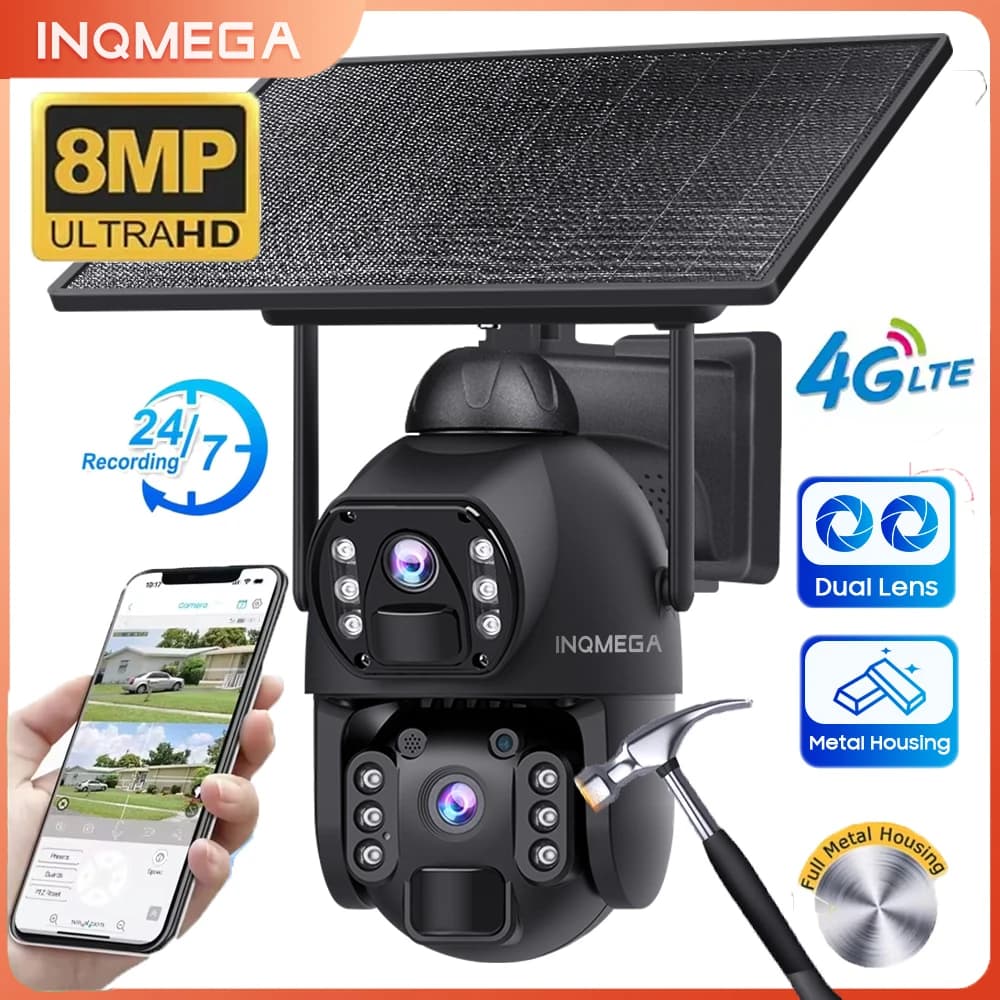 INQMEGA AOV Telecamera Solare 4G con Registrazione 24/7, Telecamera WiFi Wireless 8MP, Monitoraggio Automatico, Scocca in Metallo, Pannello Solare 10W + UBOX PRO 20100mAh