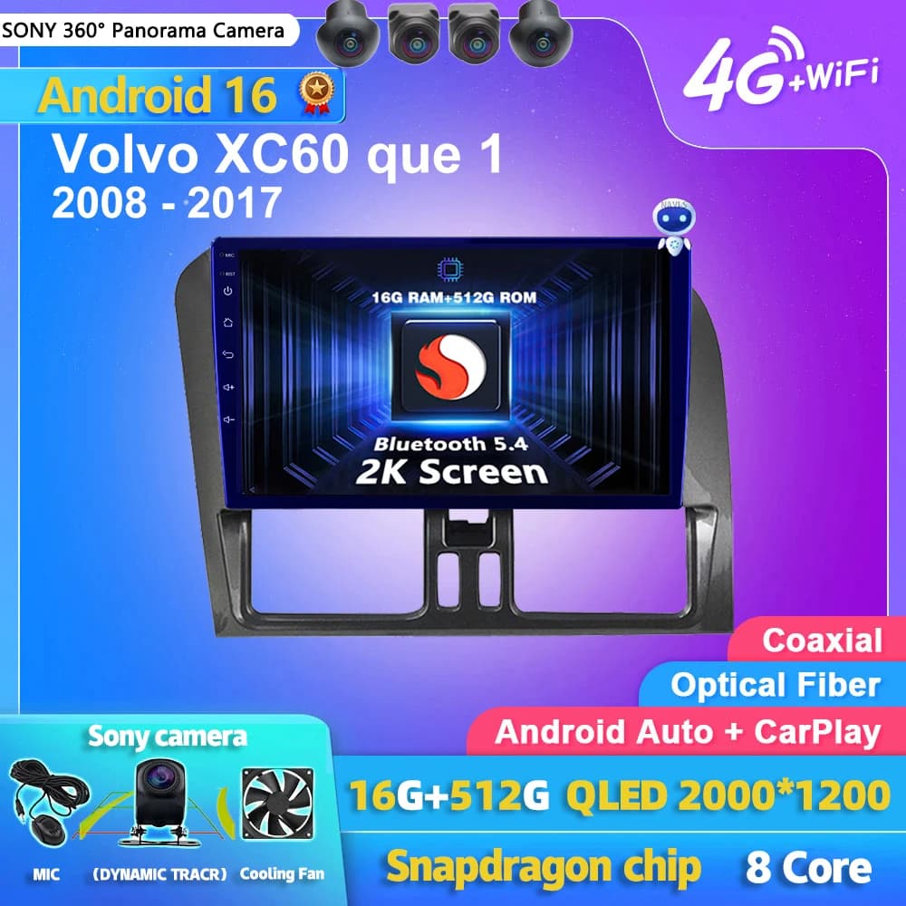 Autoradio Multimediale Android 16 Carplay Plug and Play per Volvo XC60 (2008-2017) con DSP, GPS, Stereo e Bluetooth