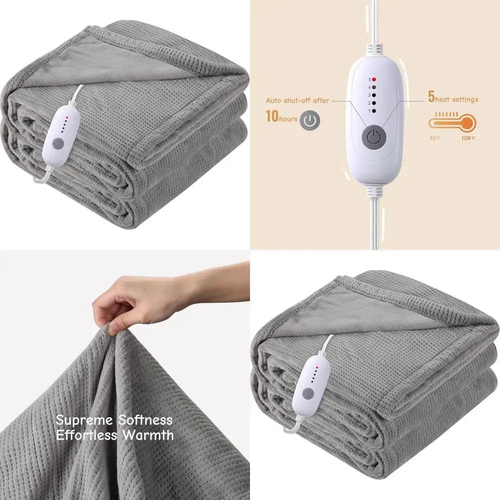 Coperta elettrica grigia full size 72x84 con 5 impostazioni di calore e spegnimento automatico di 10 ore per il calore invernale