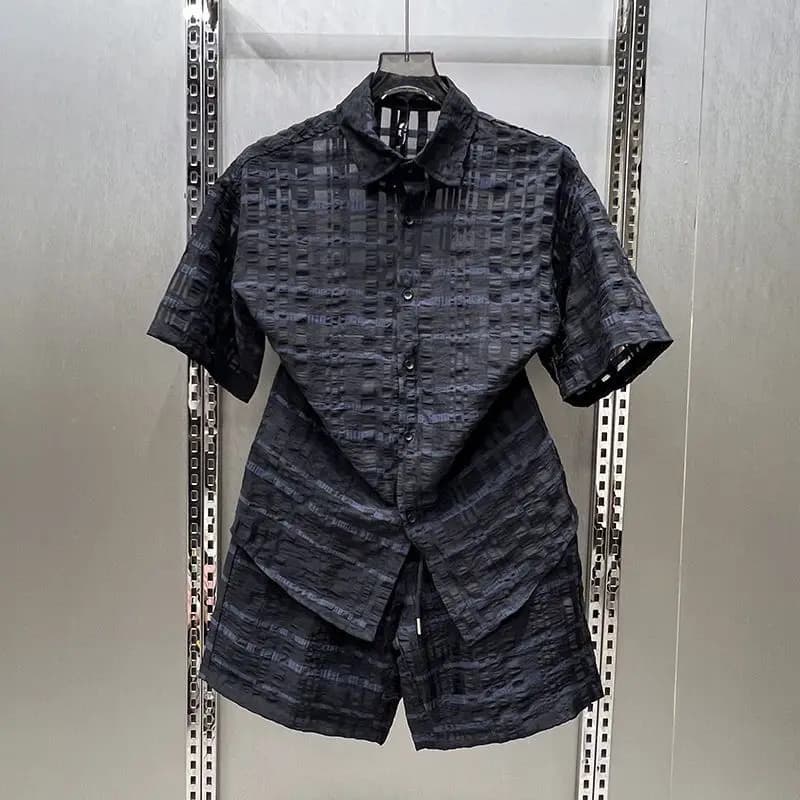 Men Korean Vintage Pleated Plaid Two Piece Set Summer Thin Shirt And Elastic Waist Casual Shorts Outfit