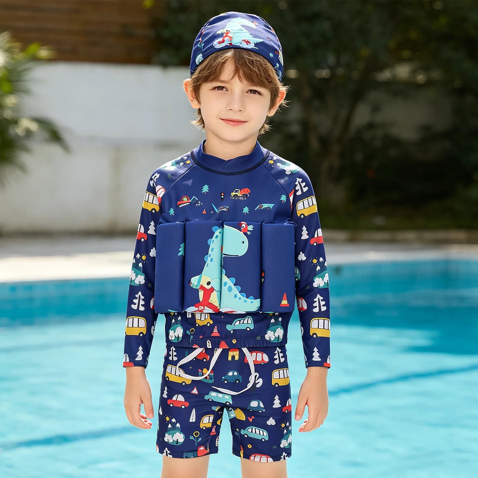 Costume da bagno galleggiante per bambini e ragazzi, a maniche lunghe, con pantaloncini e cappuccio da nuoto, protezione UPF50+, ad asciugatura rapida, per allenamento estivo in spiaggia