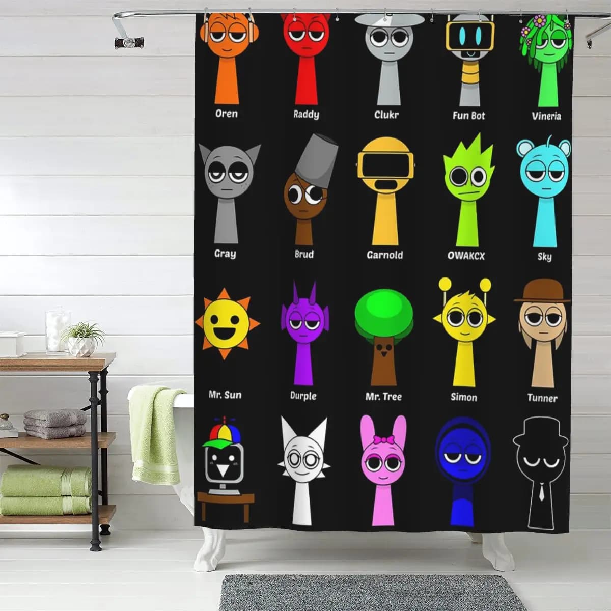 Tutti i Giocattoli Sprunki del Gioco All My Sprunki, Tenda da Doccia in Poliestere Impermeabile per Bagno con Ganci