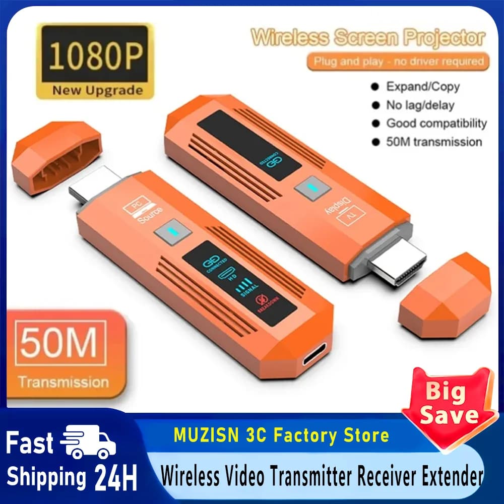 50M Wireless Transmission Video Transmitter and Receiver HDMI-Compatible Display Adapter Cable Screen Mirror for Camera PC To TV