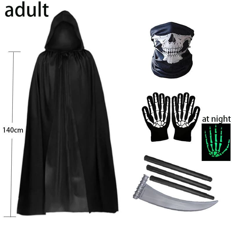 Halloween Party Cosplay Death Black Cloak Skull Skeleton Face Mask Gloves Sickle Set Terror Stitch Halloween Costume Prop Cloak