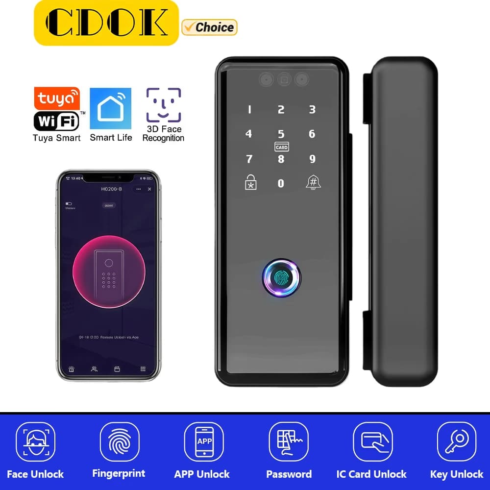 CDOK G9 Serratura Intelligente WiFi Tuya, Serratura con Password, Serratura per Porte in Vetro, Sblocco con Impronta Digitale, Sblocco con Riconoscimento Facciale, Apertura per Porte Singole/Doppie