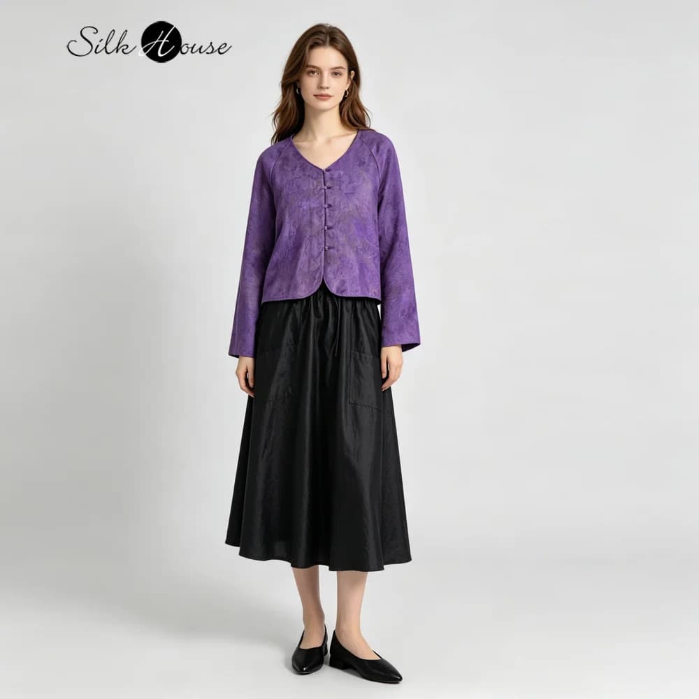 Cardigan da Donna alla Moda, Nuovo Colore Trasparente, 100% Seta di Gelso Naturale, Filato Fragrant Cloud, Jacquard, Scollo a V, Viola, Maniche Lunghe