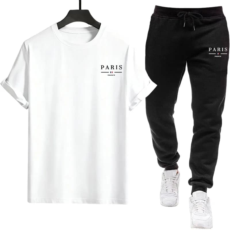 Completo Sportivo Casual Due Pezzi 2026, T-shirt e Pantaloni della Tuta con Stampa Parigi, Tuta Estiva da Uomo, Comodo Abbigliamento per Esterni e Casa