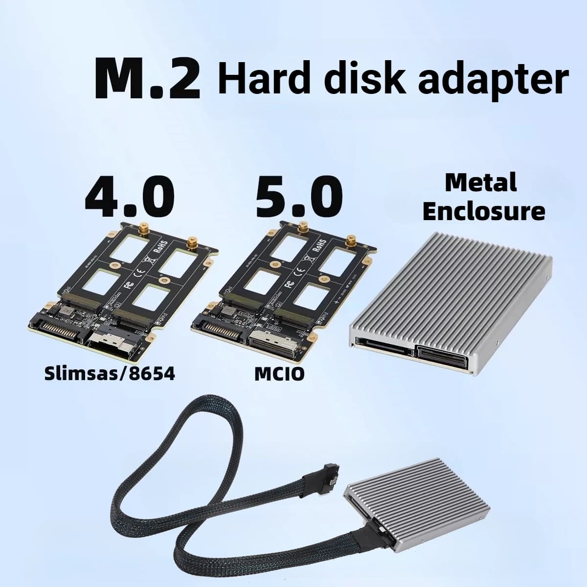 Adattatore Esterno per Scheda Grafica V100 SlimSAS SFF-8654 / MCIO 8i a 2*M.2 2280 NVMe 4.0 / 5.0 con Dissipatore di Calore per HDD Server