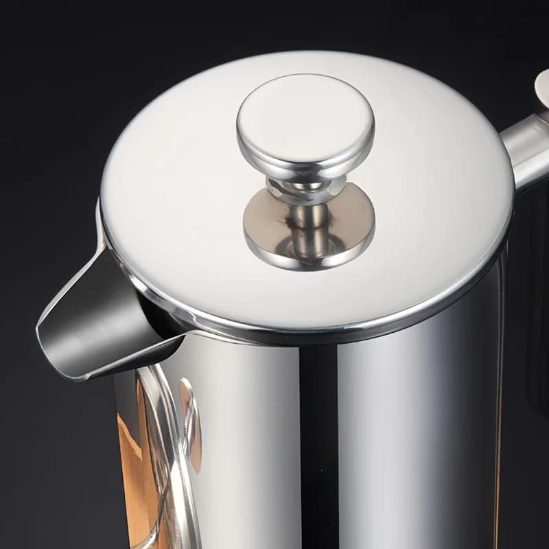 Elegant French 350 ml stainless steel coffee maker - Double wall, thermally insulated with wooden handle and flow spout,