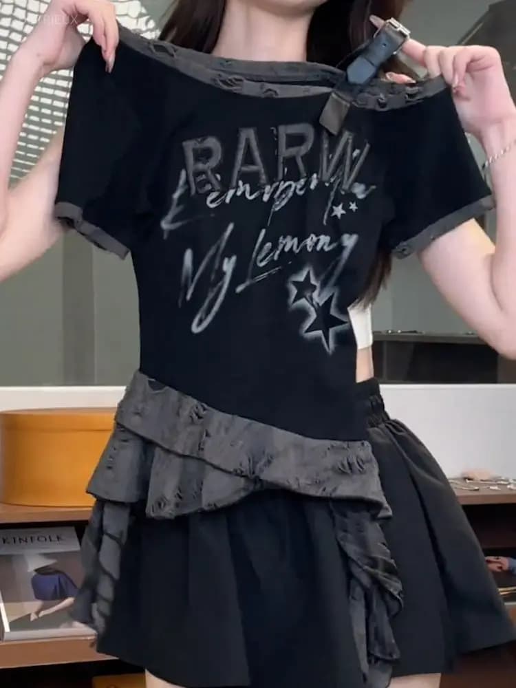 Grunge Subcultural American Streetwear Punk 2000s E-girls Harajuku Gothic High Street Vintage Oversized T Shirt Ropa Mujer Top
