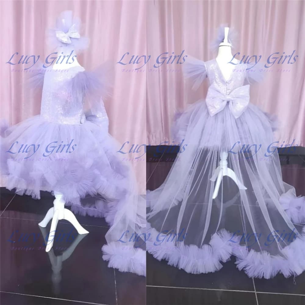 Bellissimo abito da ragazza di fiori in tulle viola chiaro soffice con coda lunga per abiti da ballo da sera per feste di compleanno per ragazze per bambini