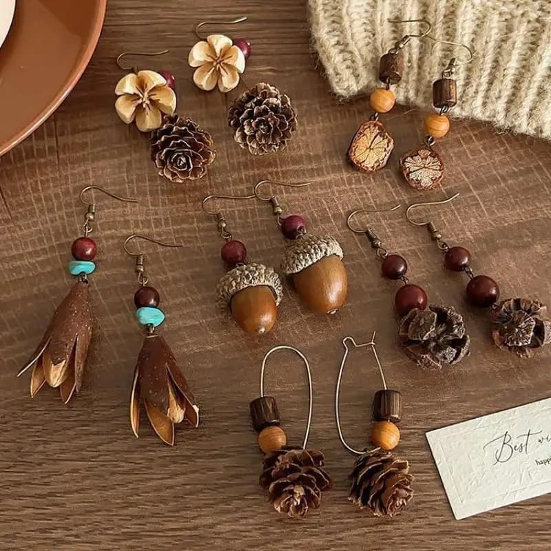 Orecchini pendenti vintage in legno con piante e frutta essiccata, gioielli etnici creativi per donna - Offerta imperdibile