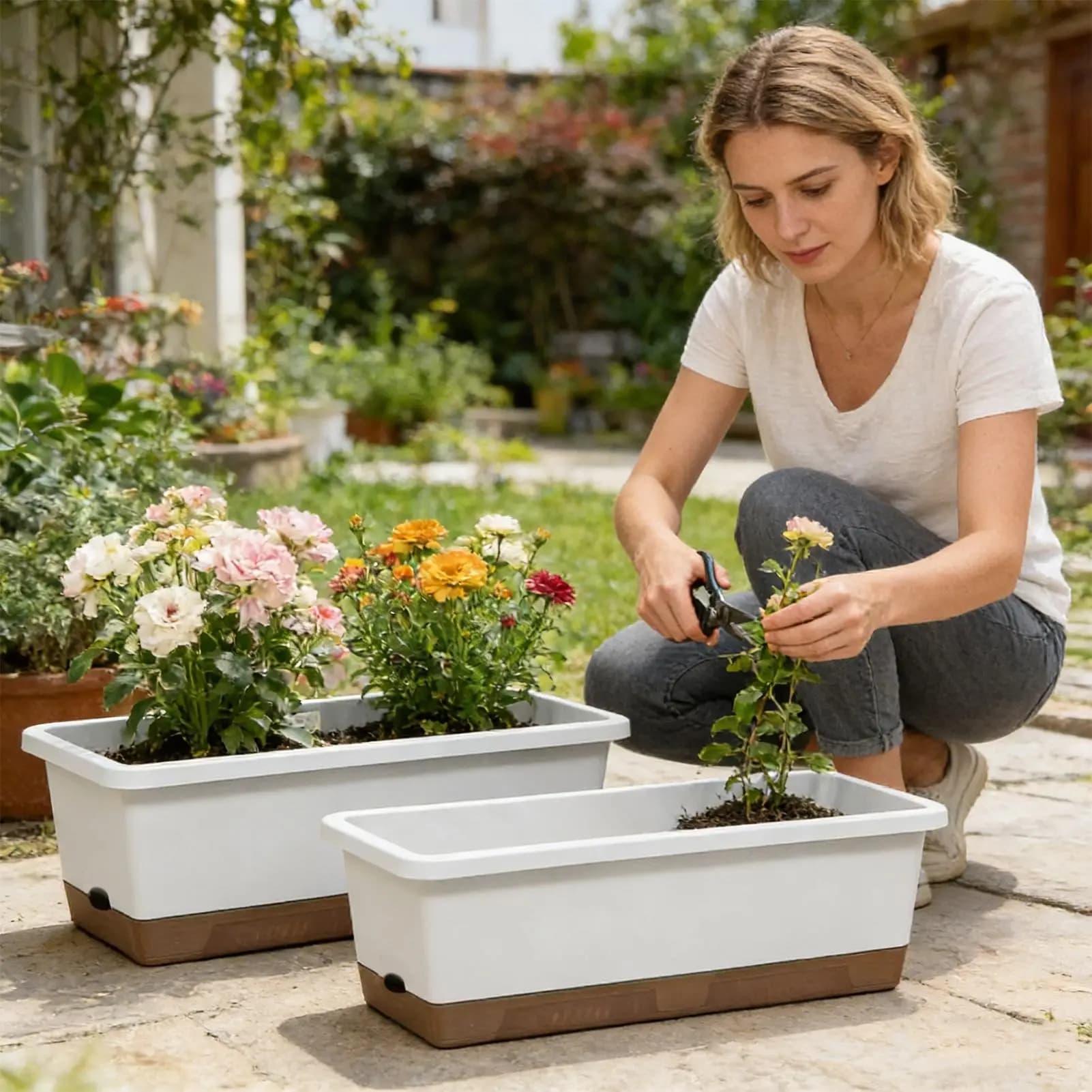 Vase for self-irrigating plants with base, drainage hole and absorbent rope, rectangular, for vegetables.