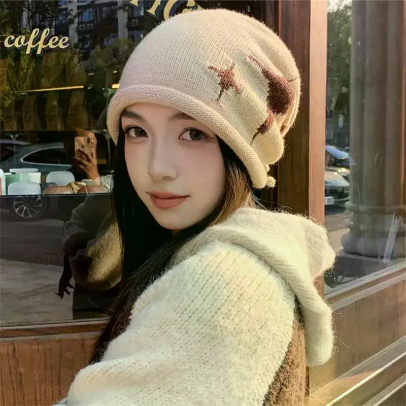 Star Pattern Curling Drawstring Beanies For Women Autumn And Winter Warm Ear Protection Versatile Retro Knitted Pullover Hats