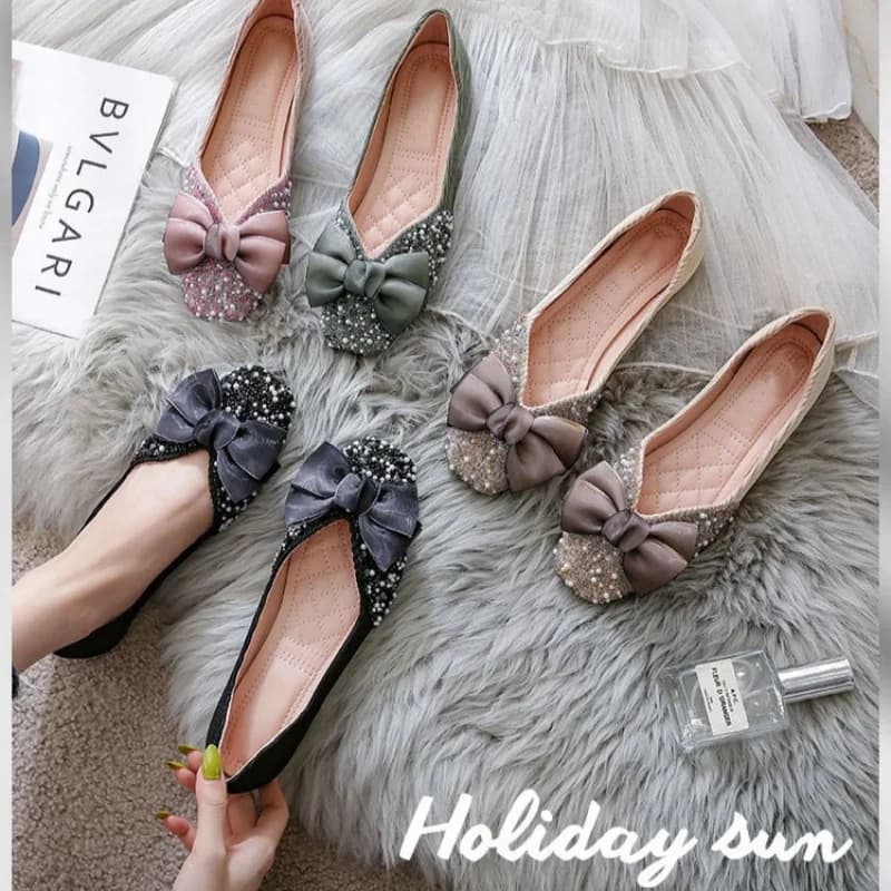 Scarpe basse da donna con punta tonda, fiocco, strass e glitter, mocassini comodi slip-on per tutti i giorni e matrimoni