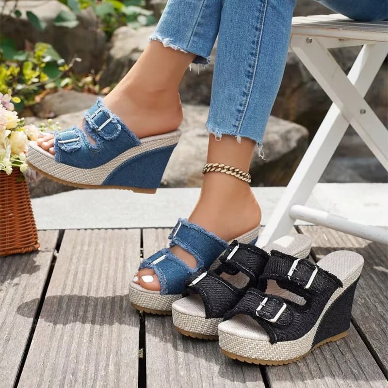 New Wedges bottom Women Sandals Summer Straw Weaving Thick Sole Denim Slippers Fashion Casual Double Buckle Strap Slides