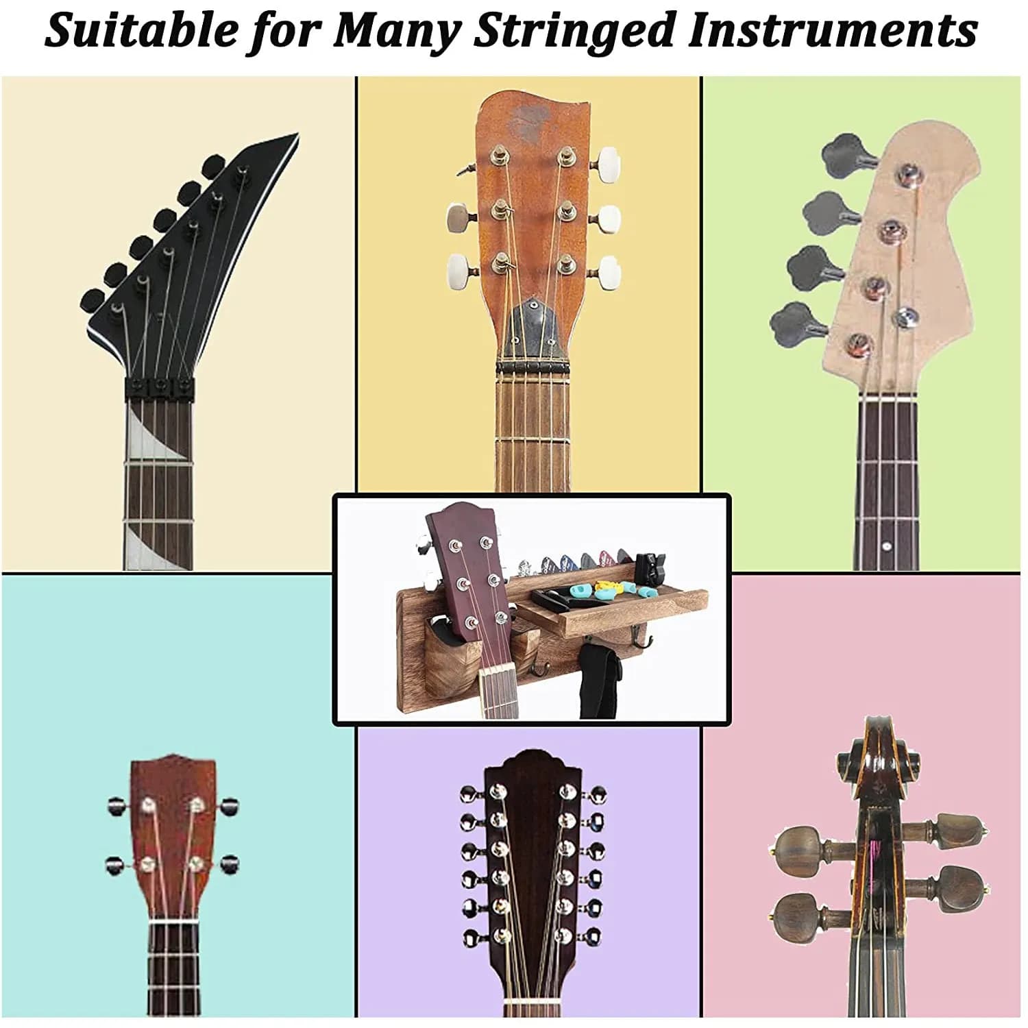 A77I Gancio da parete per chitarra Supporto per chitarra Staffa per montaggio a parete Gancio per chitarra in legno con supporto per plettro e 3 ganci carbonizzati