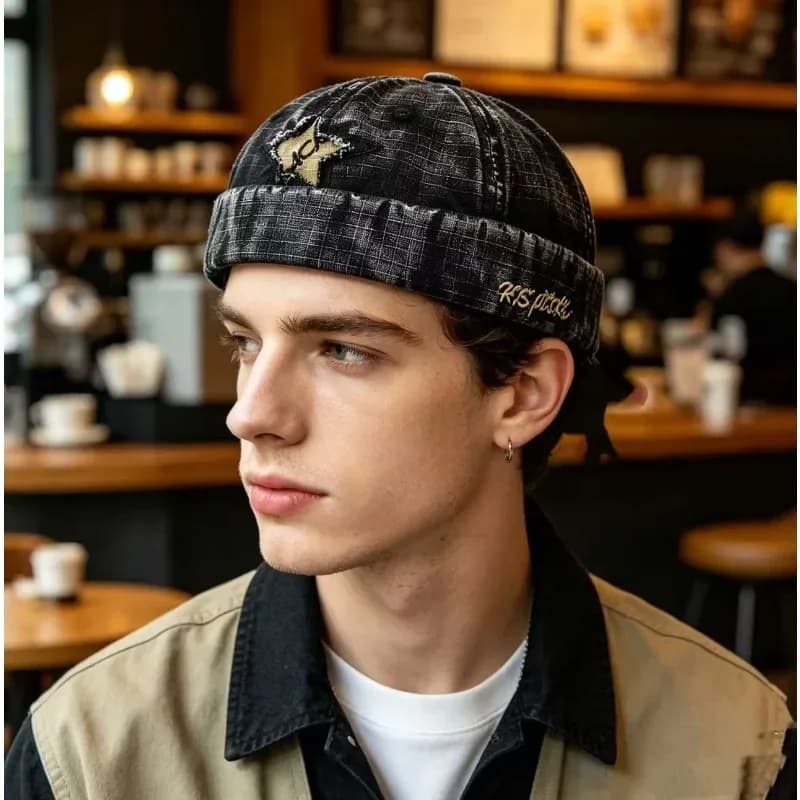 Bocca Washed Docker Cap Without Visor Star Splicing Brimless Caps Letter Embroidery Beanie Hat Retro Adjustable Vintage Street