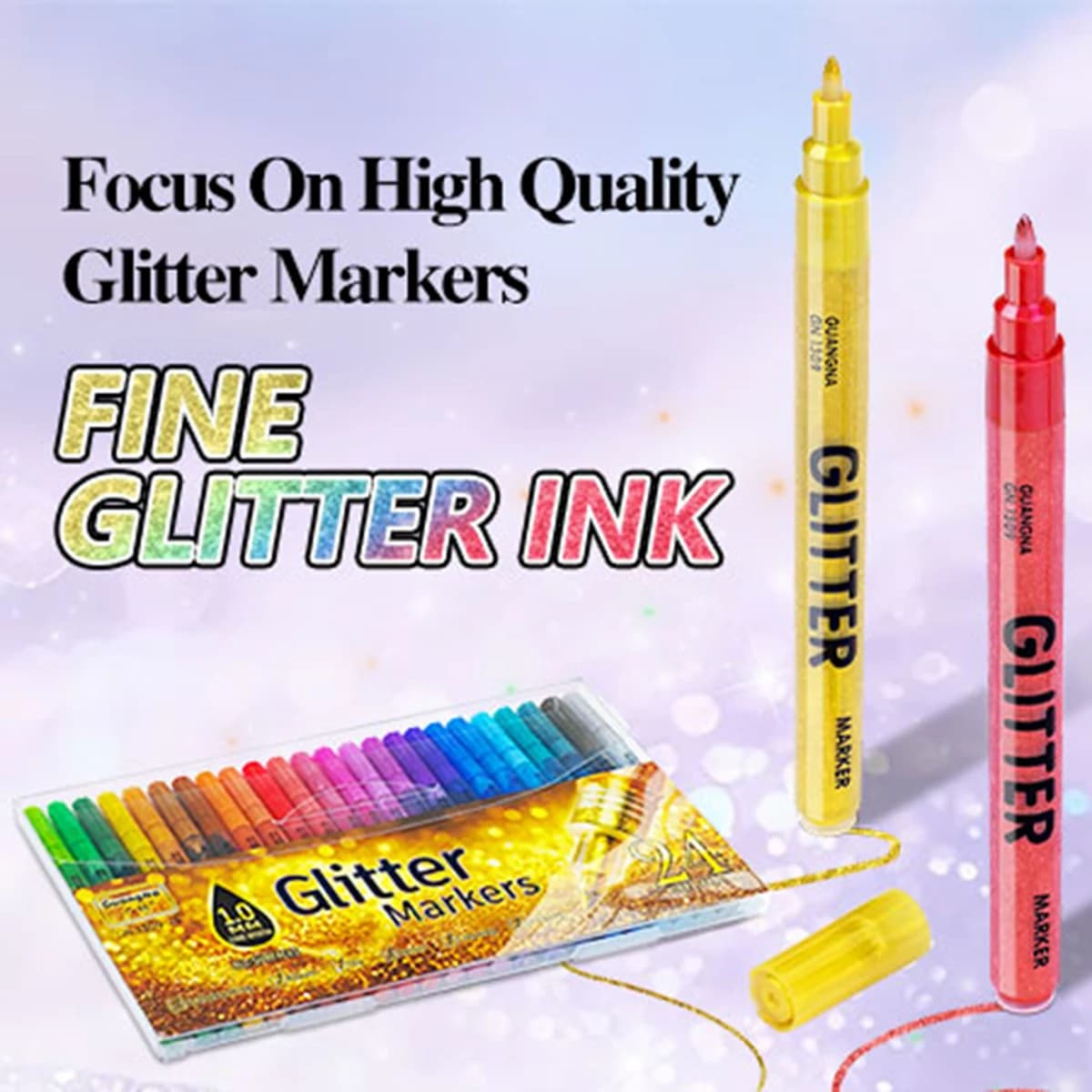 24-color 1.0mm pen tip glitter marker, bright colors with blendable watercolor pen, essential for book sketching and drawing