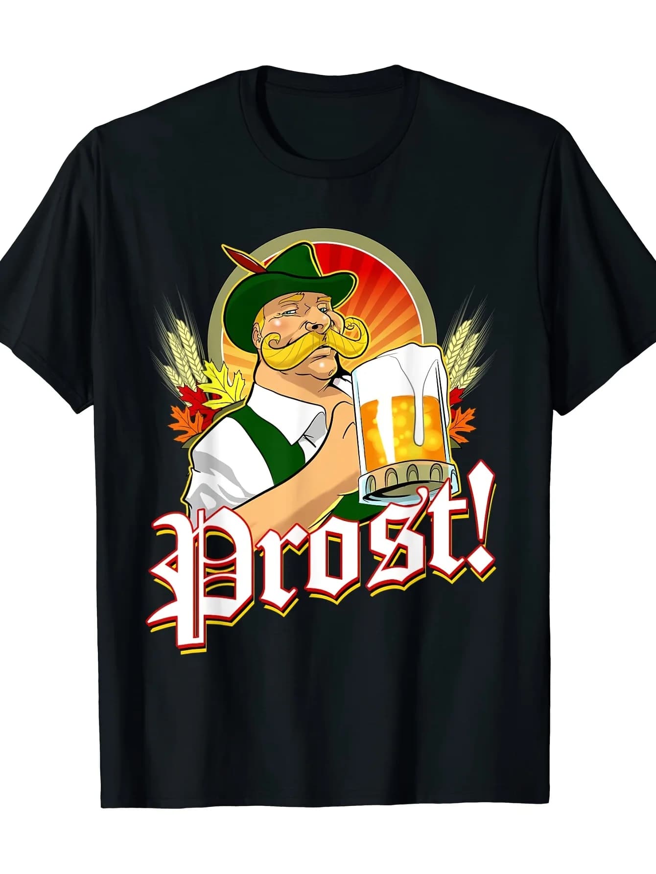 T-shirt da uomo pesante per l'Oktoberfest - Maglietta con grafica bavarese con boccale di birra e pretzel e scritta tedesca 'Prost!' Testo - Camicia nera