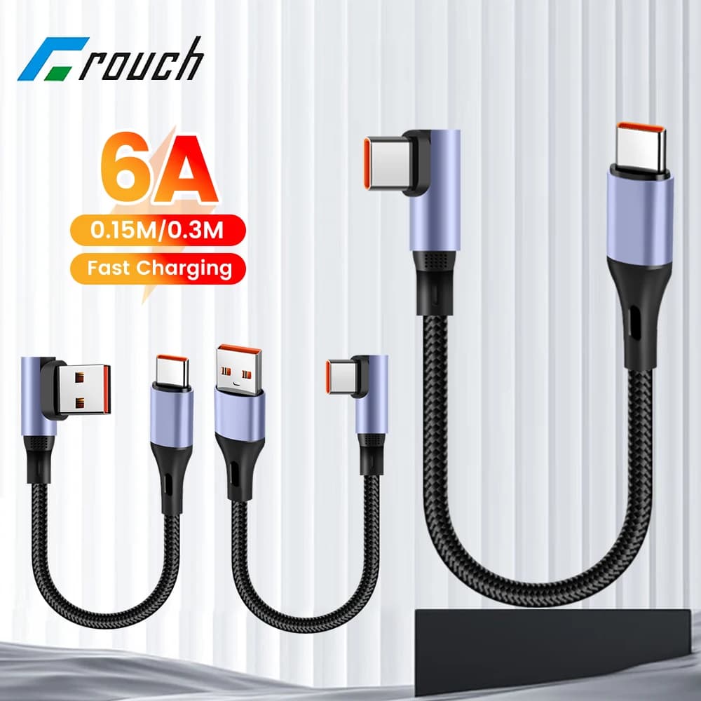 0.15M/0.3M Short USB Type C Cable 6A Double Elbow USB C To Type C Fast Charging Cable for iphone 15 16 Samsung Xiaomi Huawei