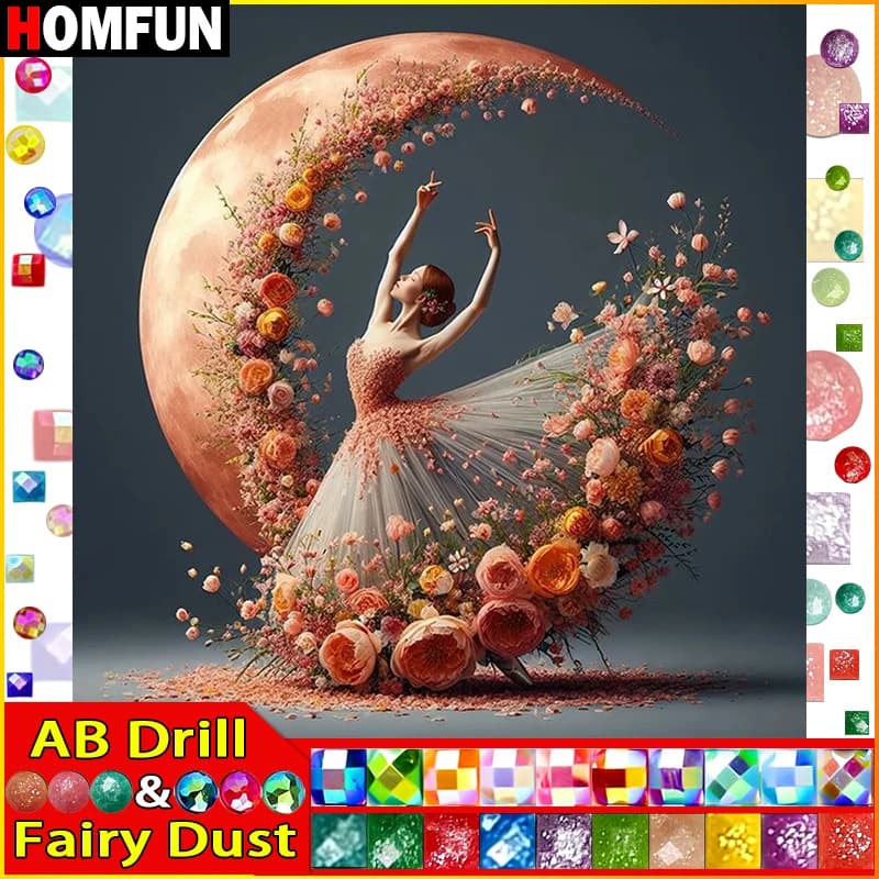 HOMFUN Fairy Dust AB 5D Diy Diamond Painting Cross Stitch "Portrait Beauty Moon Flower" Home Decor Full Diamond Embroidery