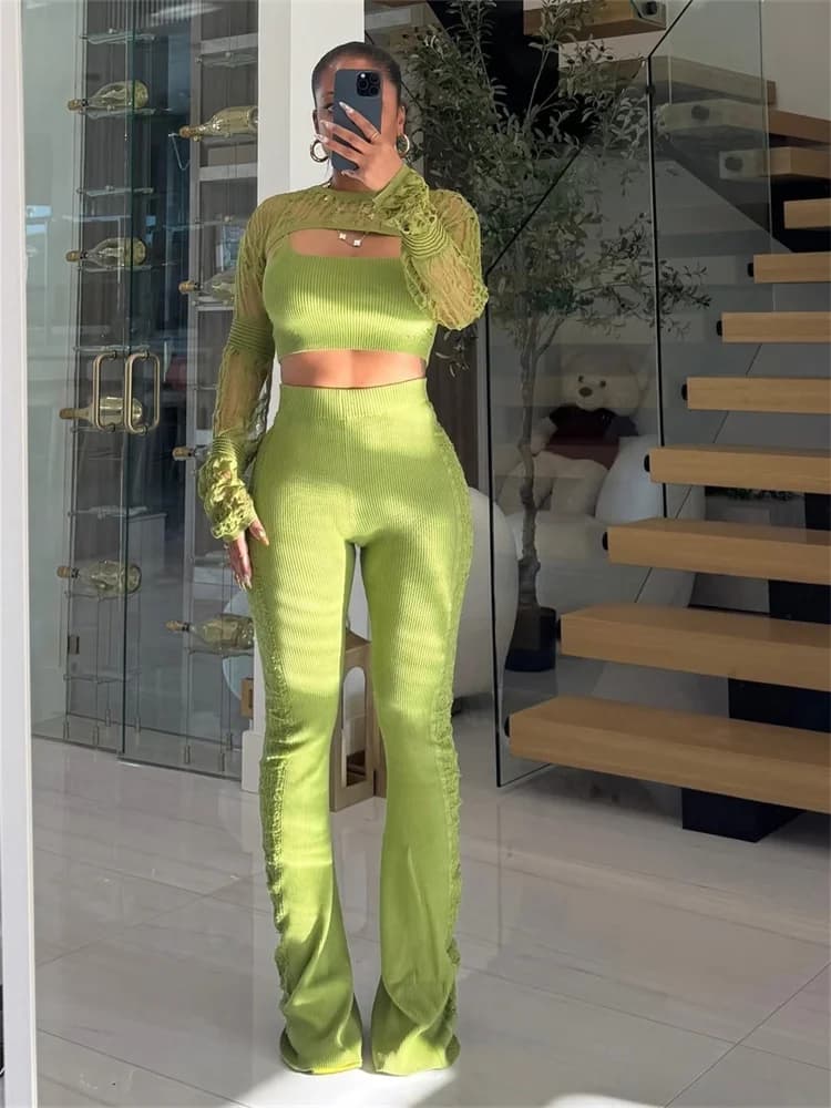 Wmstar 3 Piece Sets Wholesale Women's Casual Hollowed Out Knitted High Stretch Long Sleeve Bodycon New in Matching Sets 2025
