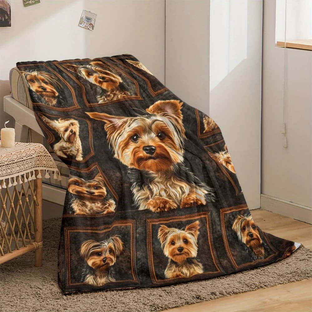 Adorabile coperta da tiro con faccia di cane Yorkie, simpatico design di animali domestici, accogliente copertura in flanella, regalo per gli amanti dei cani