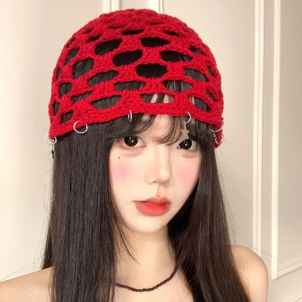 Sweet Star Tassels Crochet Hollow Knitted Hat Bohemian Style Thin Knit Beanies Handmade Korean Ethnic Style Hat Girls