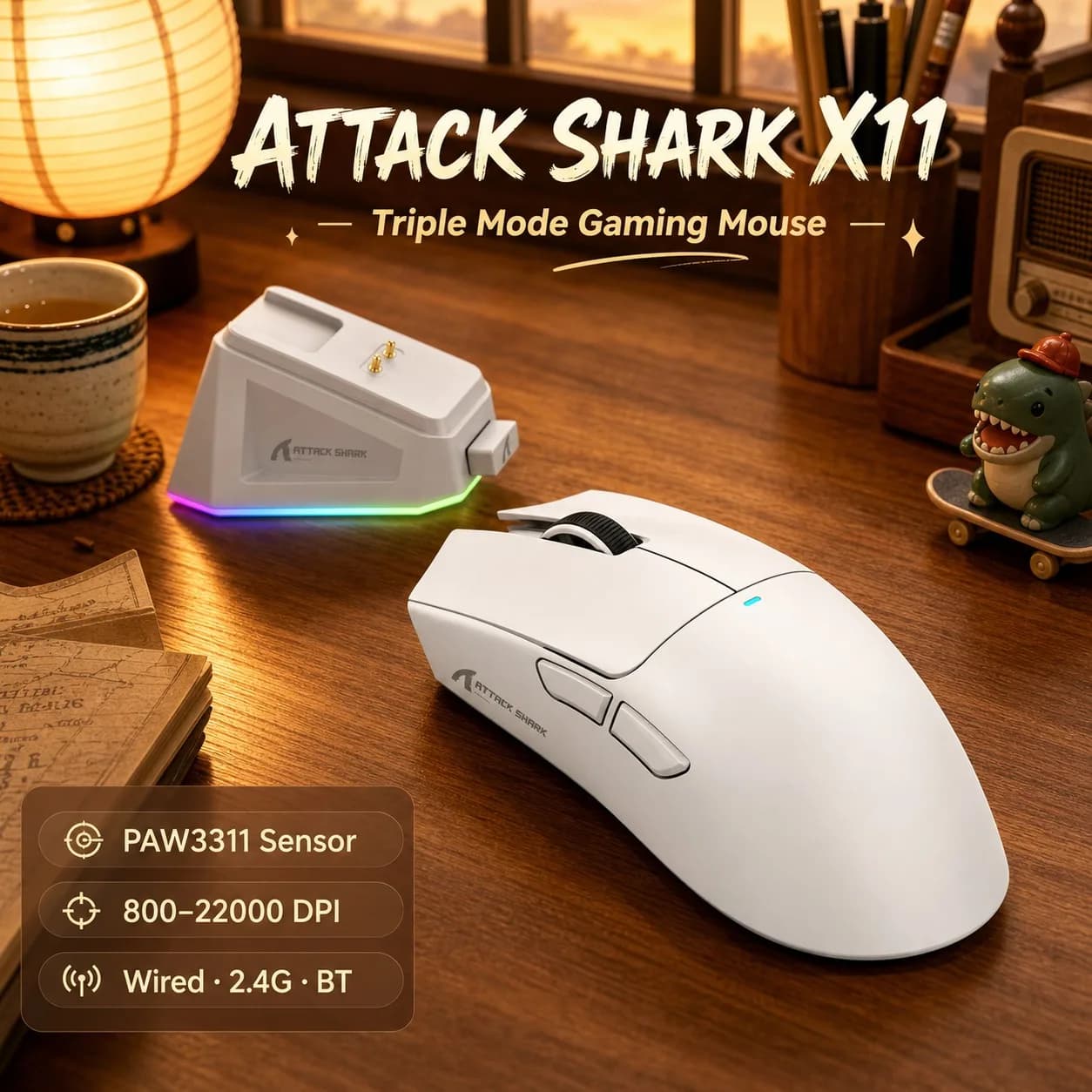 Wireless Mouse K-Snake X11, Tri-mode Bluetooth/2 mouse. 4G/wired, game mouse with RGB PAW3311 magnetic charging dock