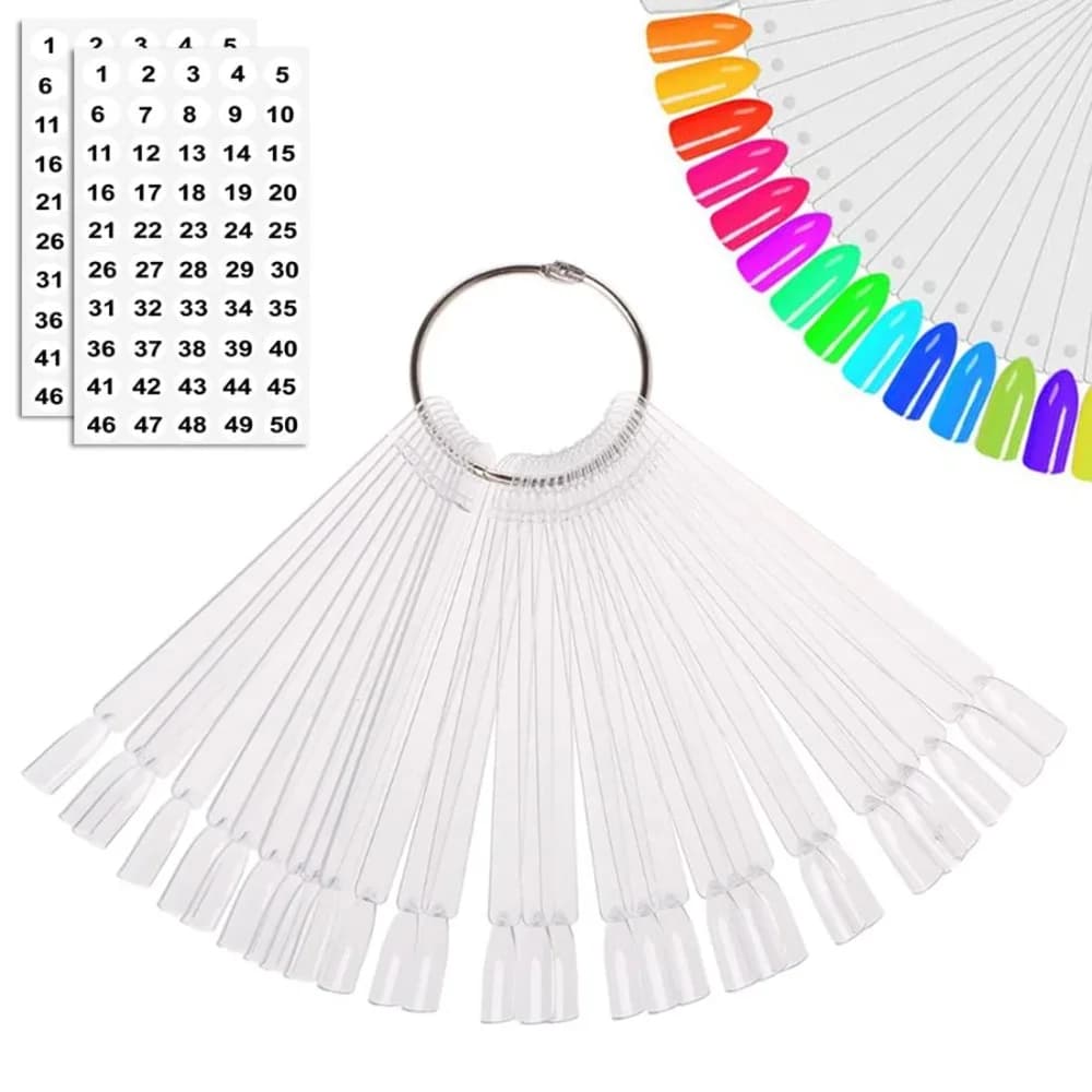 50 Pcs Nail Swatch Fan Display Sticks with Ring Numbered Tips Clear Nail Art Polish Practice Manicure Training Sample Wheel Set