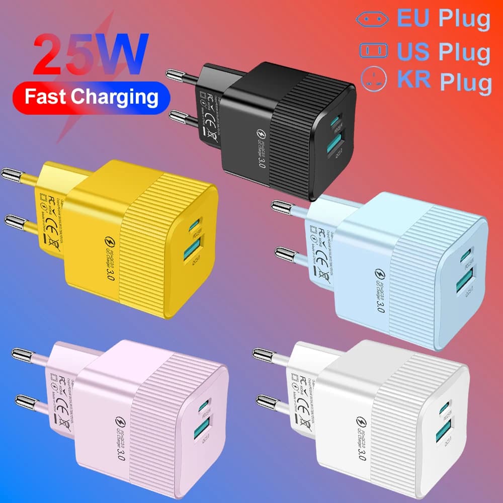 Caricatore Rapido USB C PD 25W per iPhone 16 Pro Max Xiaomi 15 Oneplus KR EU US Mini 2 Porte Adattatore da Viaggio per Ricarica Rapida del Telefono