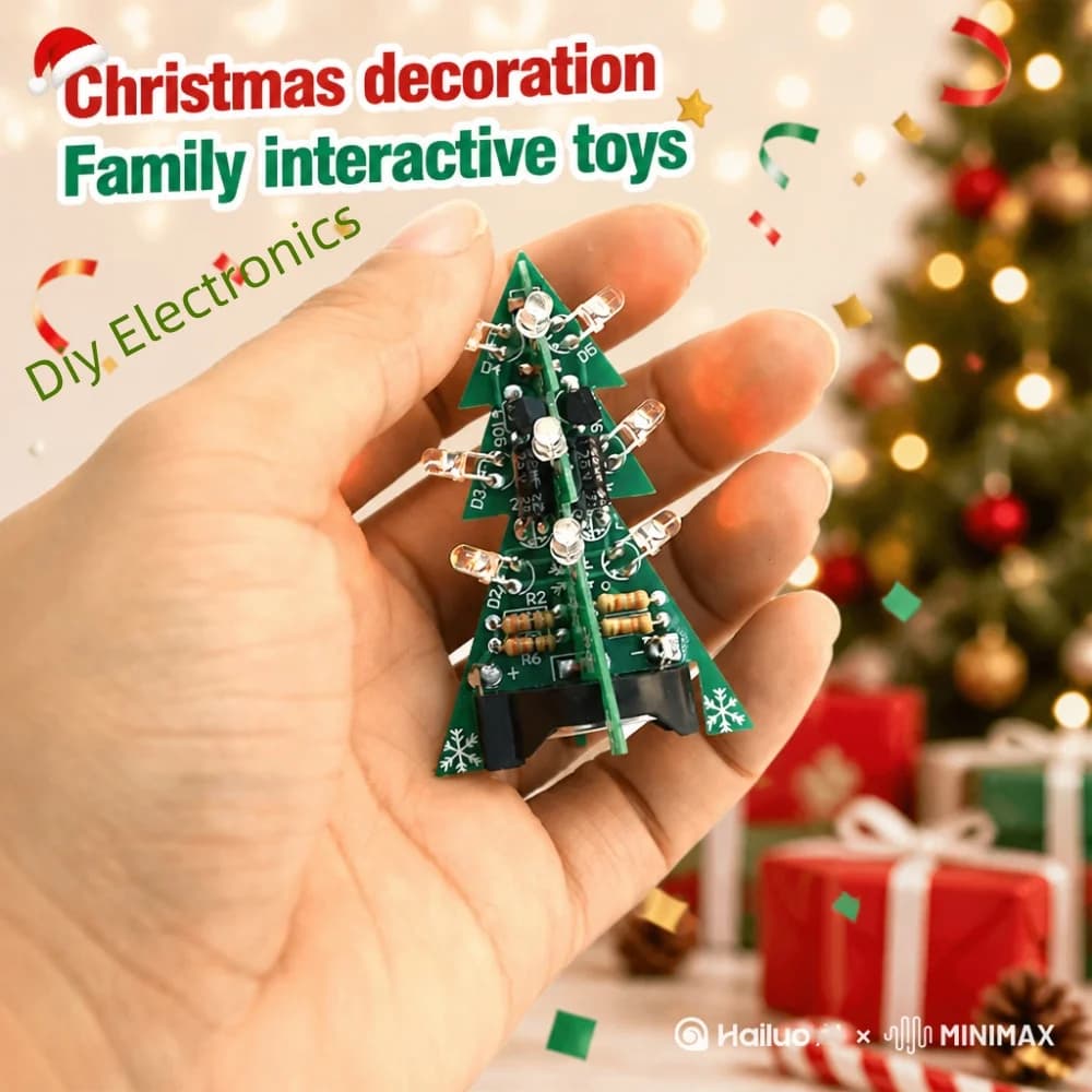 Kit elettronico fai-da-te Albero di Natale 3D Pratica di saldatura Kit di assemblaggio scientifico elettronico PCB LED lampeggiante a 3 colori