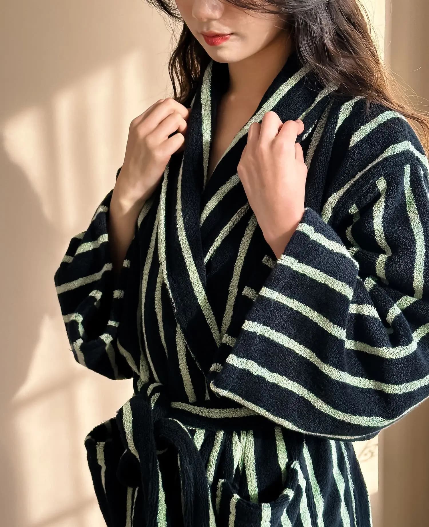 Vintage Striped Cotton Bathrobe Soft Towel Casua Kimono loose bathrobe with belt Obi Bath absorbent night coat Unisex towel
