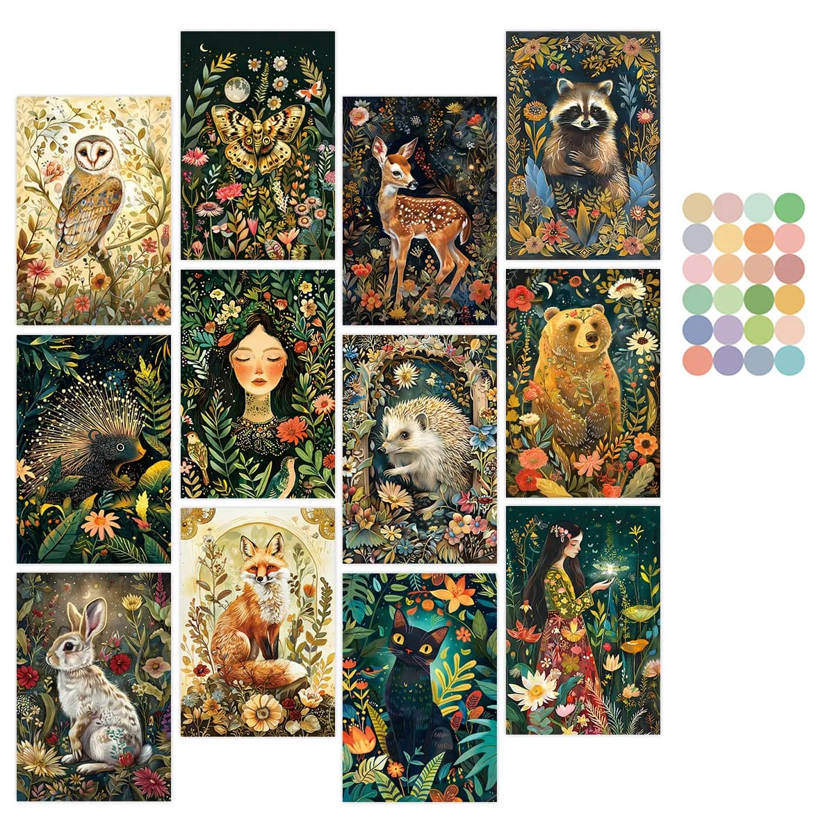 WhimsyWoodland Pack of 12 vintage wildlife art cards, wall collage kit with enchanted forest animals, home decorations, midnight magic cards
