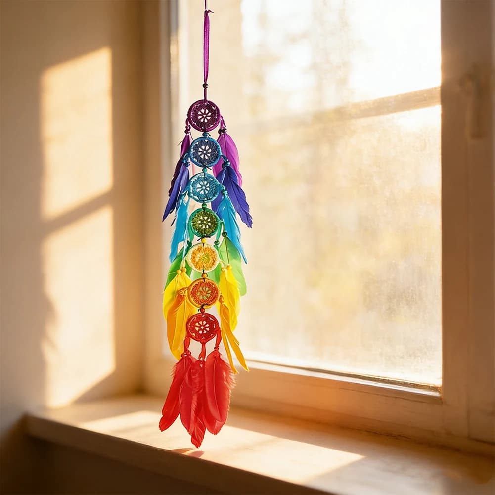 Chakra Dream Catcher Feather Hanging Ornament Boho Wall Decor Spiritual Energy Meditation Room Window Car Pendant Healing Gift