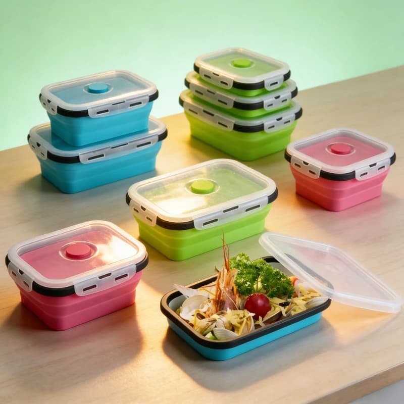 Contenitore per Alimenti in Silicone Rettangolare Pieghevole, Adatto per Microonde e Frigorifero, Ermetico, per Pranzo e Conservazione Pasti all'Aperto