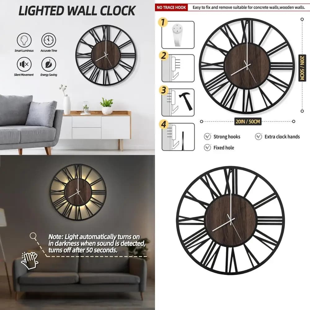 Watch from Silent Wall to Battery 20 cm with Night Light, Rustic and Modern Design in Wood for Home and Office