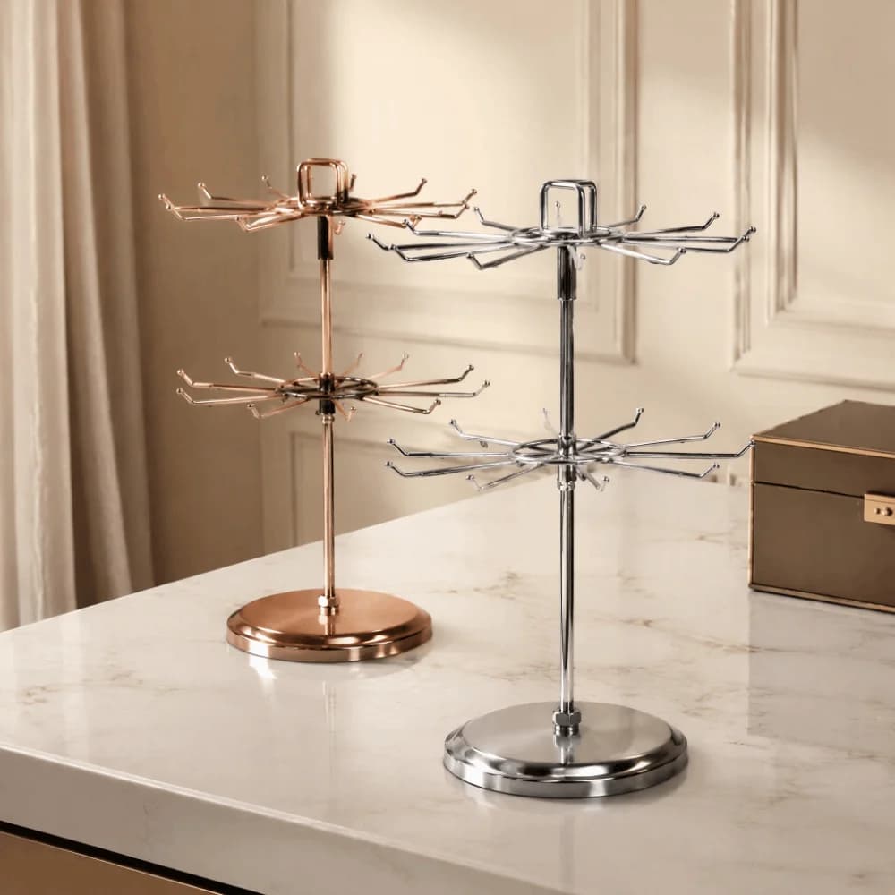 2-Tier Design Jewelry Organizer Stand Rotatable Iron Material Rotating Jewelry Holder Round Shape Hooks Included