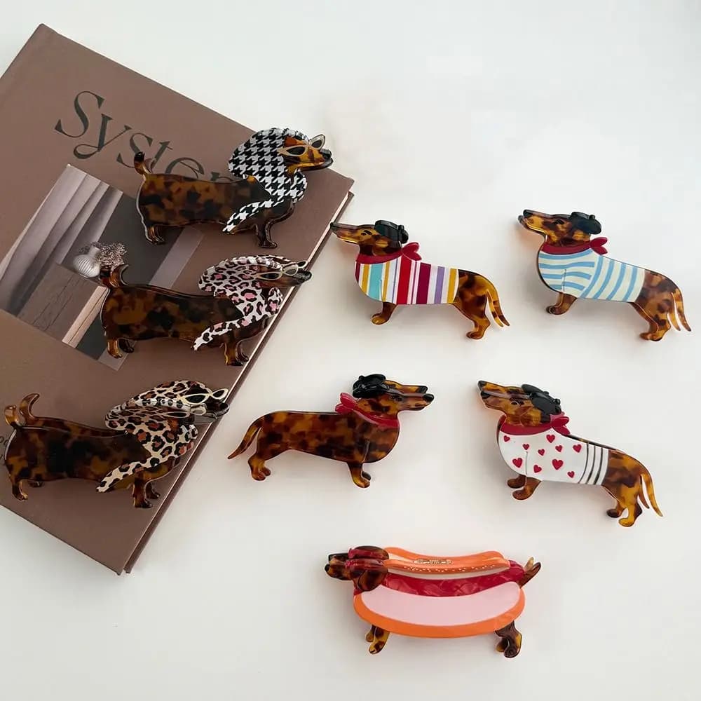 Fermaglio per capelli creativo a forma di animali (Dachshund), grande, in acetato, stile cartone animato, clip a squalo geometrica, per le vacanze