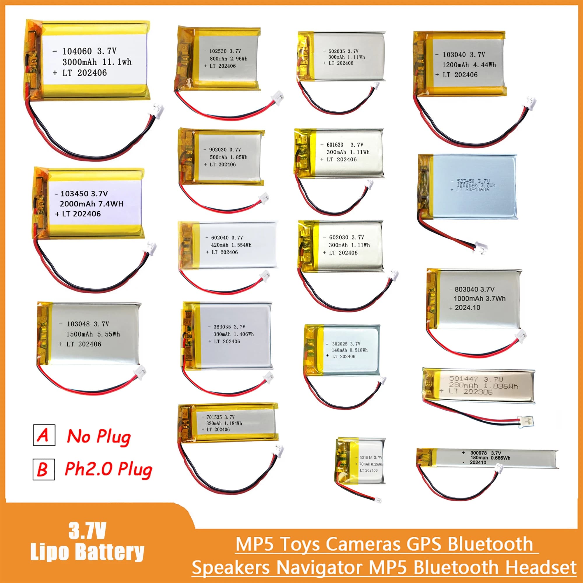3.7V Lipo Battery Ph2.0 Plug Rechargeable Lithium Battery 3.7V For PS4 Humidifiers GPS Navigation Bluetooth Speaker MP3 MP4