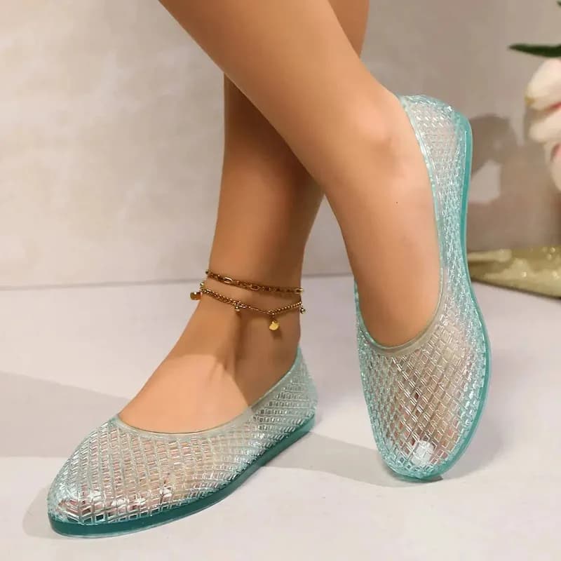 Sandali piatti da donna in rete trasparente con punta quadrata, alla moda, slip-on, leggeri, casual, traspiranti, per l'estate e la spiaggia