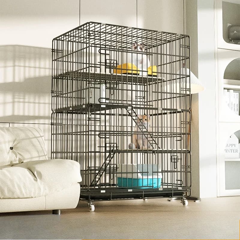 Gabbia per gatti, Famiglia, Doppio strato, Villa per gatti a tre piani, Ampio spazio, Nido per gatti con WC, Gabbia per animali pieghevole kez
