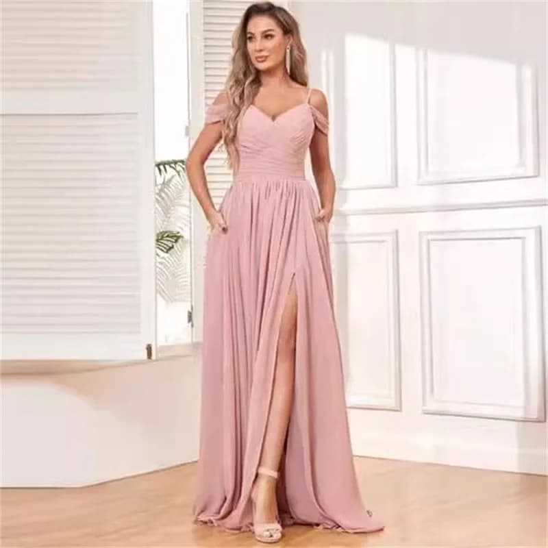 Una linea di chiffon con spacco elegante scollo a V pieghe senza spalline abiti da damigella d'onore da sera festa di nozze formale ballo di fine anno cocktail con lacci