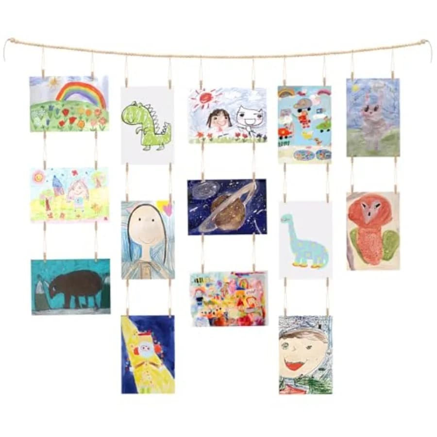Art Display Wall Decor, 61" Wooden Beads Garland Frame Holder with 34 Clips for Hanging Artwork, Photos, Cards and Pictures, Bo