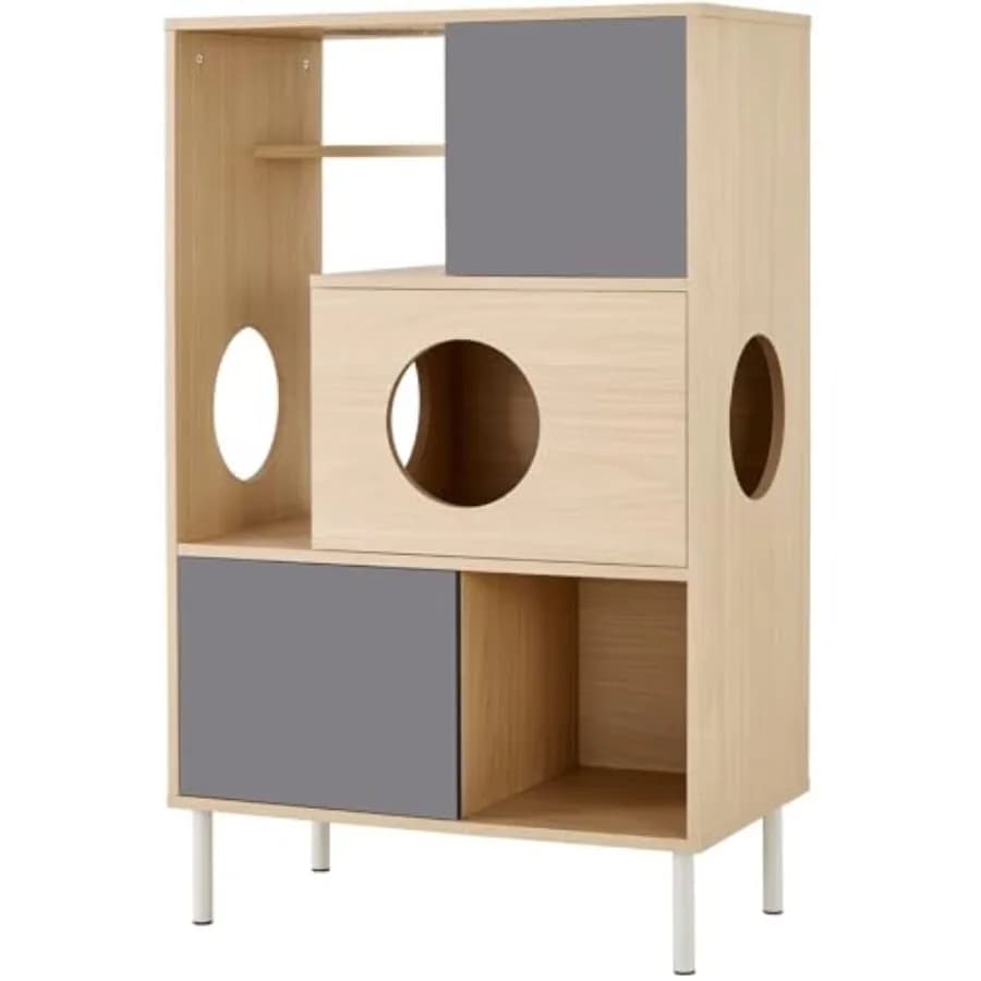 Arredo Moderno per Gatti con Scaffali e Contenitori, Altezza 44,5 cm, Cuccia per Gatti, Libreria, Armadio, Torre per Animali Domestici da Interno con 3 Nascondigli